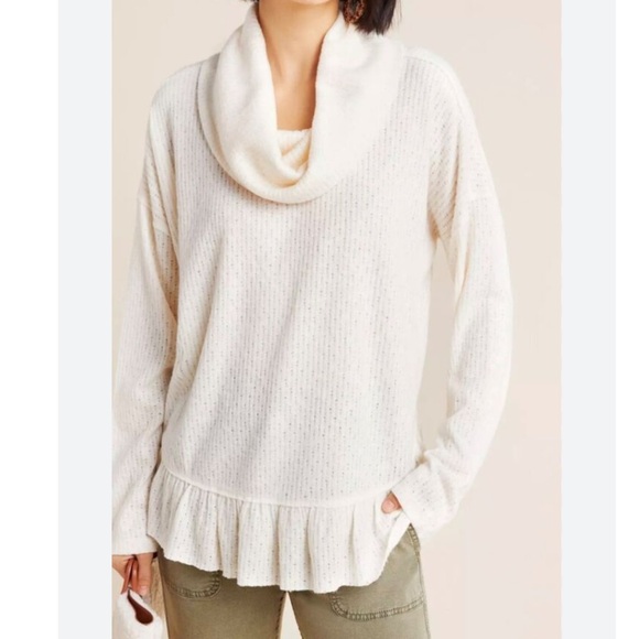 Anthropologie Ivory Maeve Addie Ruffled Hacci Cowl-neck Sweater Top Small - Picture 1 of 7